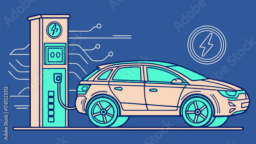 Electric vehicle charging at a station with a lightning bolt icon and circuit board style lines around it