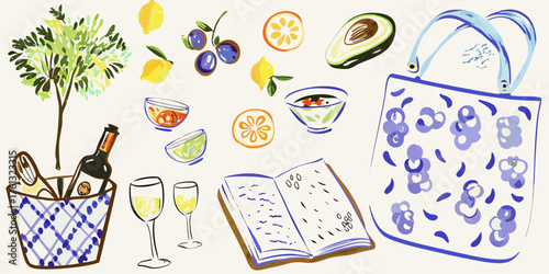 Whimsical watercolor illustration of a picnic spread with wine fruit and a book
