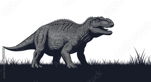 A prehistoric dinosaur walks across a grassy field under a clear sky.