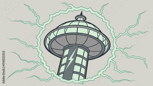 Illustration of a tower with a dome top and a lightning bolt encircled by green lightning effect