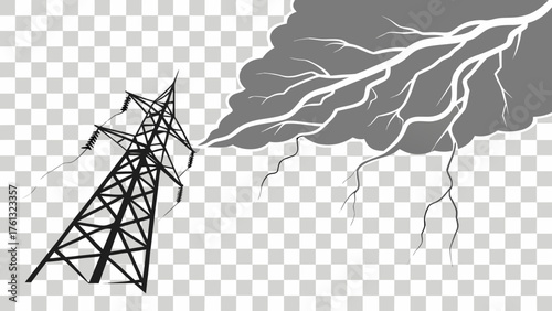 Power lines tower struck by lightning from a stormy cloud in a grayscale illustration style image