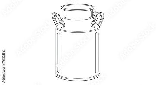 A detailed line drawing of an old-fashioned metal milk can with two handles on its sides.