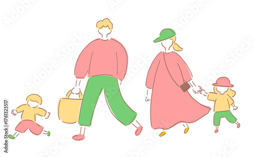 おでかけ4人家族_ライトなカラーVer.手描きイラスト｜
 Family of Four Going Out_Light Color Ver._Hand-drawn Illustration