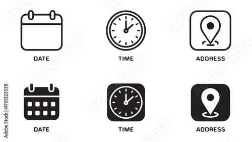 Set of Calendar Clock and Location Icons with Labels