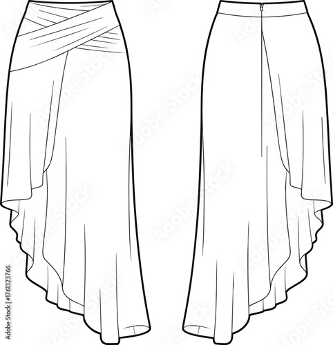 Asymmetrical wrap ruffle hem skirt CAD drawing flat vector illustration, fashion technical sketch front and back view for women apparel design