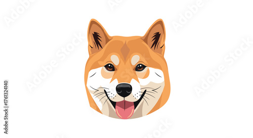 The happy shiba inu dog's face with its tongue out and a playful smile on white background.