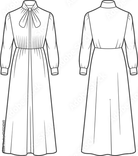 CAD drawing flat vector illustration, long sleeve maxi dress technical sketch, women fashion flat template, elegant bow neck dress design