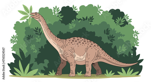 A gentle giant dinosaur with a long neck peacefully grazes on leaves in a lush green jungle setting.