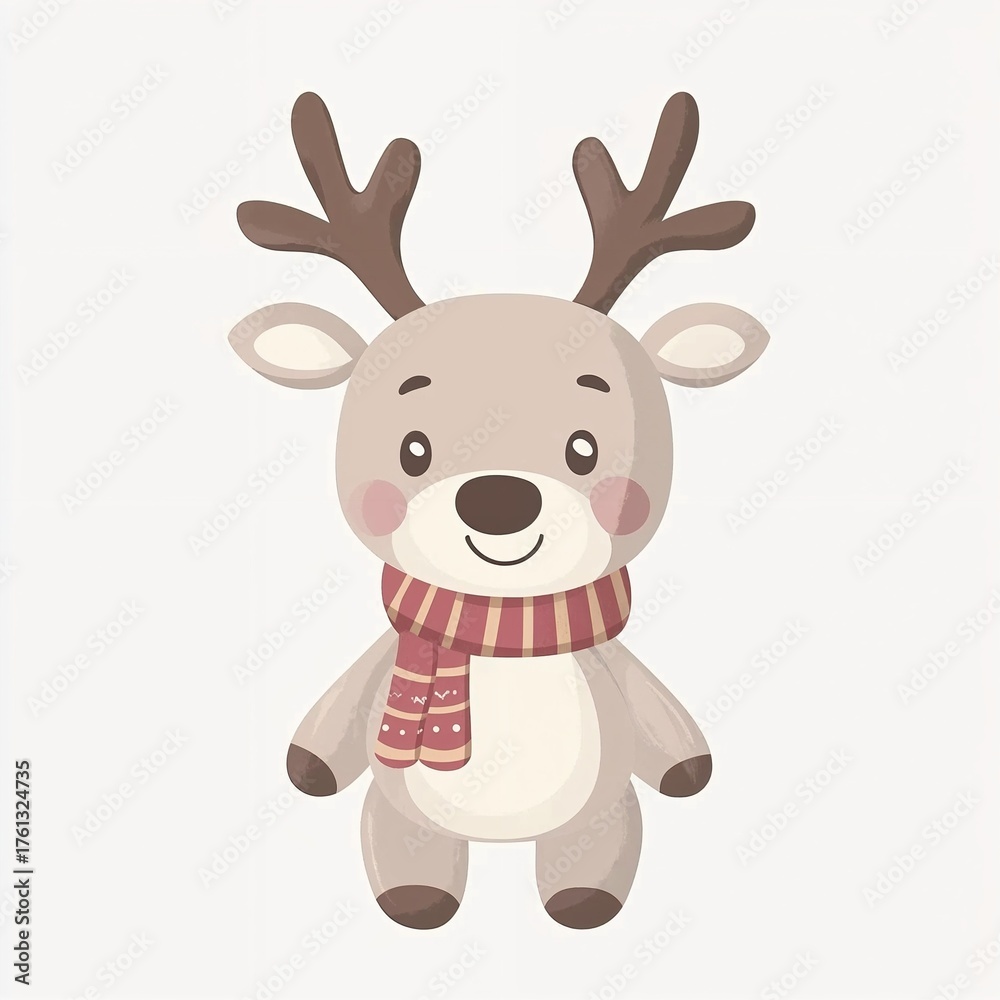 Fototapeta premium Cute cartoon reindeer wearing a scarf with antlers and smiling 