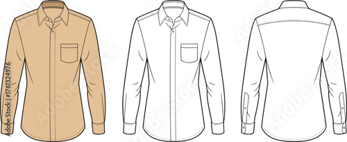 CAD drawing flat vector illustration, long sleeve shirt front and back view, button down fashion design template, technical apparel sketch, sewing pattern