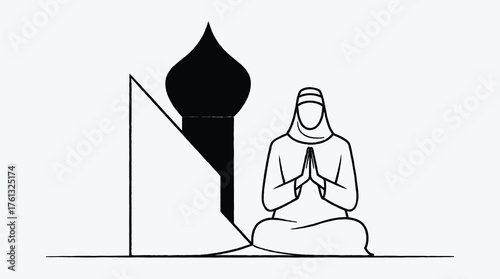 Muslim woman praying silhouette illustration with mosque and minimalist design
