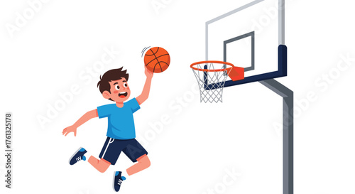 A young boy is jumping high to slam dunk a basketball into the hoop during a game.