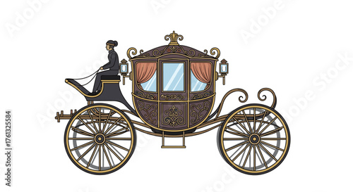 A richly ornate horse drawn carriage with a driver and passengers visible inside.