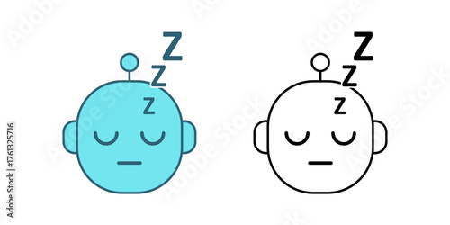 AI sleep mode icon showing a robot head with closed eyes and zzz sign. Perfect for offline AI states, rest mode indicators, and system downtime visuals.