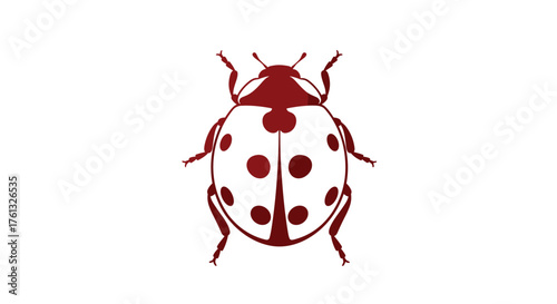 An artistic representation of a white ladybug with maroon spots and dark legs. .