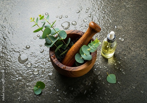 A wooden mortar and pestle with eucalyptus leaves and a dropper bottle of essential oil on a wet, dark surface