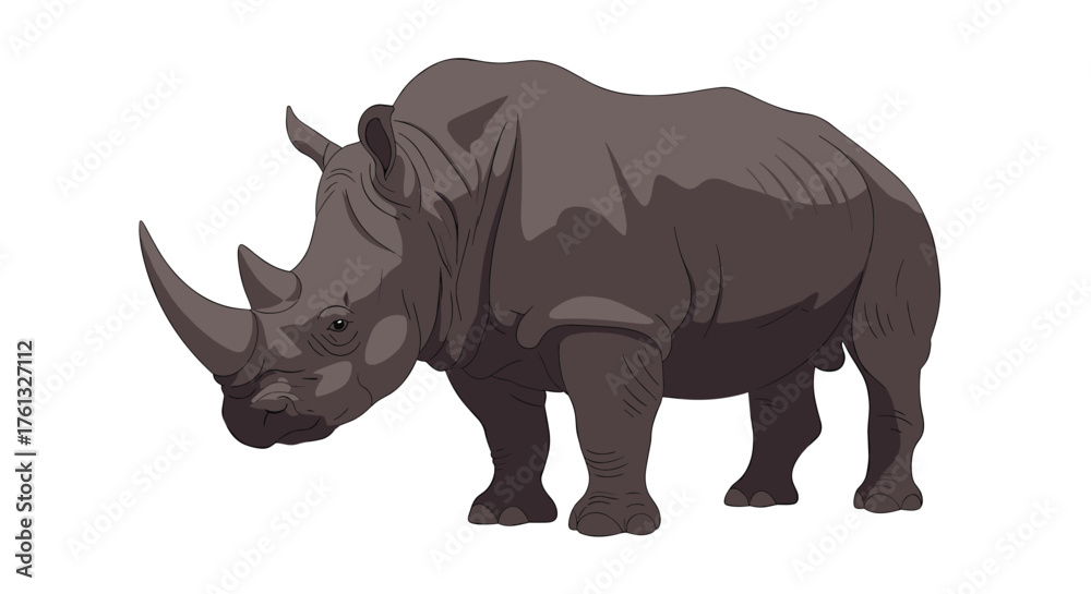 Fototapeta premium A majestic rhinoceros stands powerfully on a white background showcasing its thick skin and formidable horn.