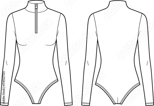 CAD drawing flat vector illustration, women bodysuit technical fashion sketch, long sleeve zipper mock neck apparel template