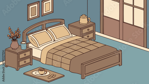 Isometric bedroom scene featuring a bed with a brown quilt and two nightstands with accessories