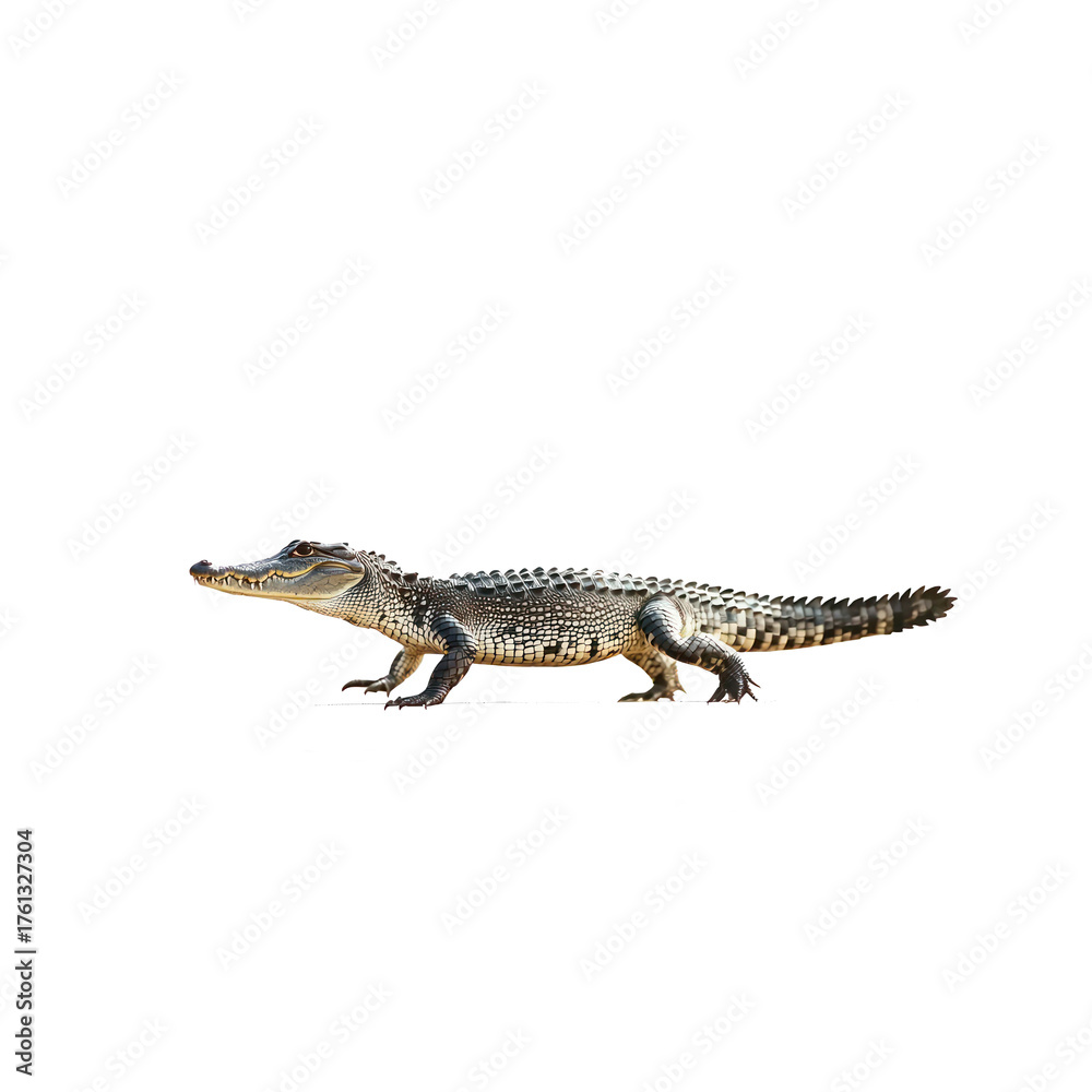 Naklejka premium Crocodile walking A crocodile moves slowly on land with low, deliberate steps. full length isolate on transparent background