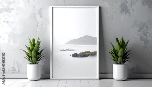 Minimalist Coastal Landscape Artwork in a White Frame.