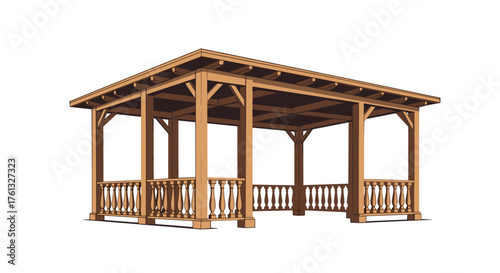 A beautifully crafted wooden outdoor pavilion with a tiled roof and decorative railings perfect for relaxation and entertaining.