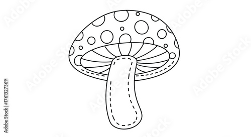 An outline drawing of a mushroom with a spotted cap and a dashed stem.