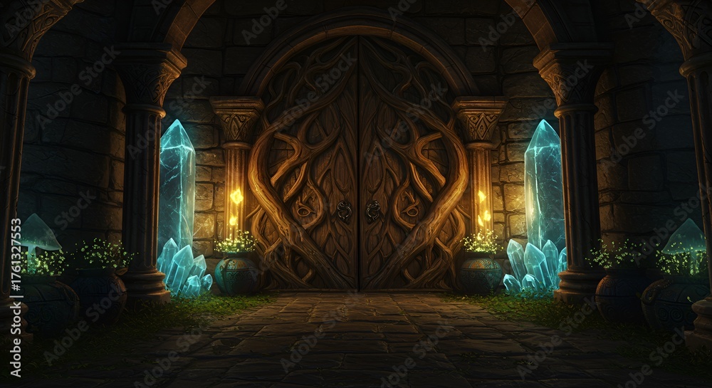 Obraz premium A fantasy arched door and crystal lit corridor evokes mystery and magical realism