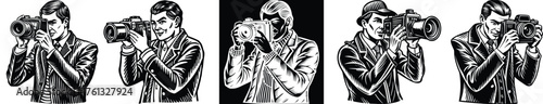 Vintage style photographers ready to capture your brand's unique story, offering a touch of nostalgia and timeless appeal in black and white illustrations