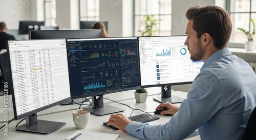 Businessman analyzing financial data on multiple computer screens in modern office