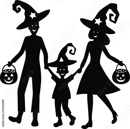 Black silhouette family trick or treating in witch hats