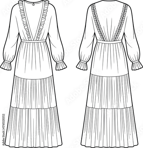 CAD flat fashion sketch vector illustration, women’s long sleeve maxi dress with ruffle trim, pleated skirt, V-neck design template