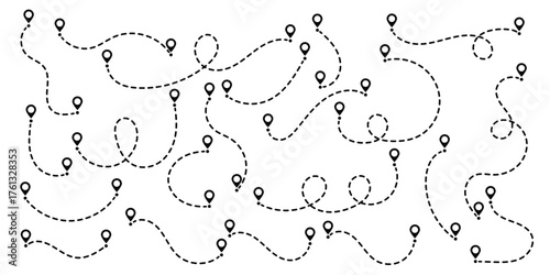 Route location icon two pin sign and dotted line. Journey route vector with dotted lines. Two points with dotted path and location pin. Route location icon. Vector illustration. EPS 10