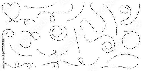Hand drawn dotted lines path on white background. Curved dotted line, Path travel dotted line trip dashed trace destination. Vector illustration. Vector eps 10.