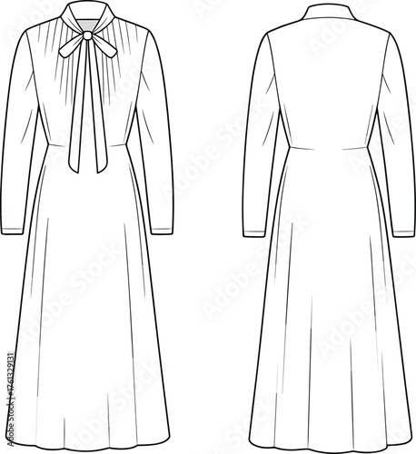 CAD flat fashion vector illustration, women’s long sleeve midi dress with bow tie neck, gathered yoke, and fitted waist