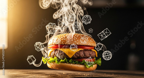 Fototapeta Naklejka Na Ścianę i Meble -  A gourmet cheeseburger with lettuce and tomato, emitting artistic steam with geometric crystal shapes.