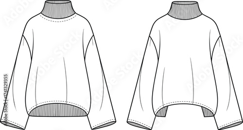 CAD flat fashion vector illustration, women’s oversized high neck sweater with drop shoulder, ribbed collar, and curved hem