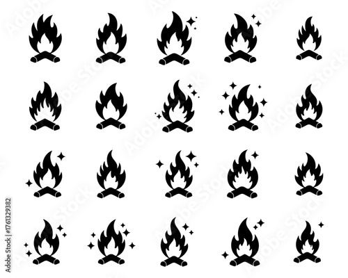 Campfire Icon Collection with Flame Silhouettes for Outdoor Adventure Design