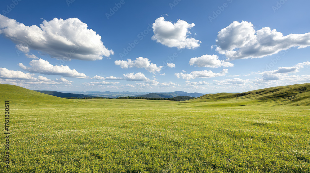 Fototapeta premium Lush green hillside under bright blue sky with fluffy clouds creates serene landscape
