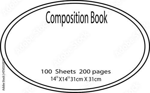 Oval Composition Book Cover with Specifications on White Background Keywords: composition book, notebook, stationery, school