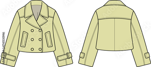Double-breasted cropped jacket flat sketch, modern women outerwear design with buckle cuffs and lapel collar, fashion vector illustration, cad drawing flat vector illustration