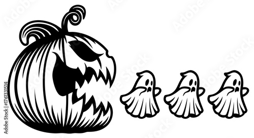 Giant evil pumpkin with sharp teeth chasing three little ghosts