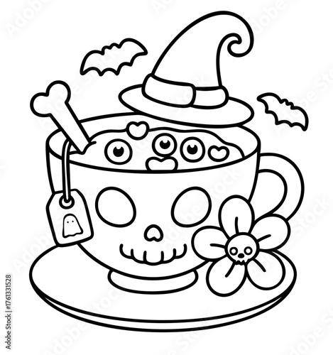 Skull teacup with witch hat, bones, hearts and eyeballs floating inside, spooky halloween drink