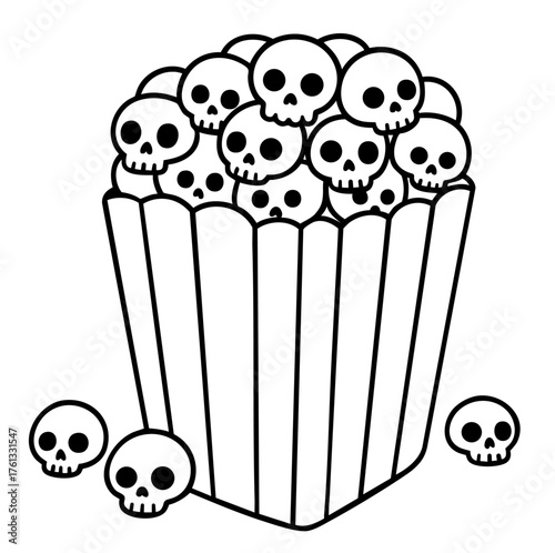 Box of skull popcorn overflowing, horror cinema snack, fun and fear