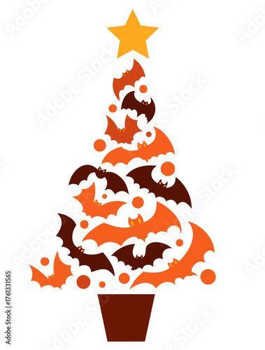 Orange halloween christmas tree decorated with flying bats and festive shapes