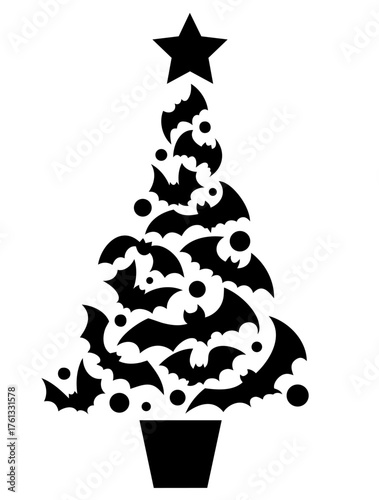 Black silhouette halloween tree made of bats and ornaments, christmas and october