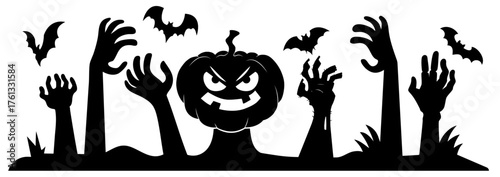 Pumpkin headed creature rising from grave surrounded by zombie hands reaching up, flying bats