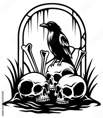 raven perched on skulls and bones near old tombstone. death and decay