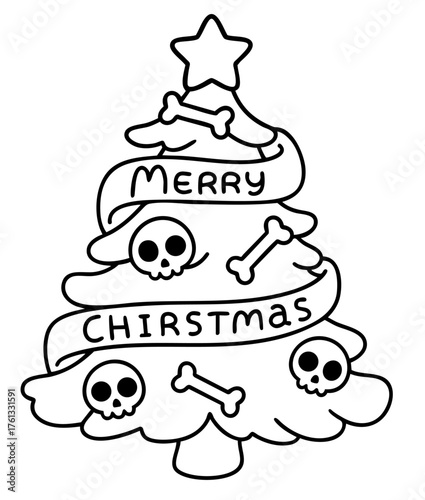 Creepy christmas tree decorated with skulls and bones, with spooky lettering Merry Christmas