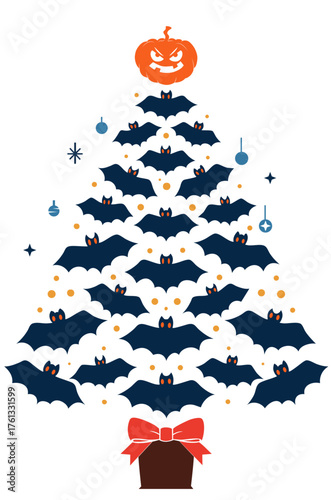 lue gothic christmas tree made of flying bats with orange pumpkin topper